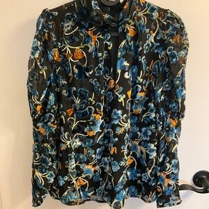Velvet puff sleeve blue and orange floral top by French Connection - size M